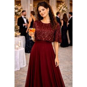 Mac Duggal Beaded Overlay A-Line Sequin Gown Aubergine 6